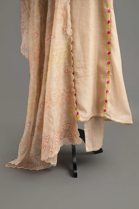 Cream and Pink Lenin Cotton Kurta Set