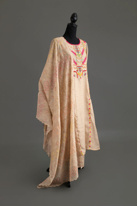 Cream and Pink Lenin Cotton Kurta Set