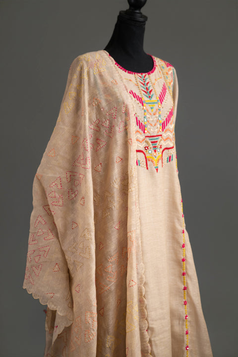 Cream and Pink Lenin Cotton Kurta Set