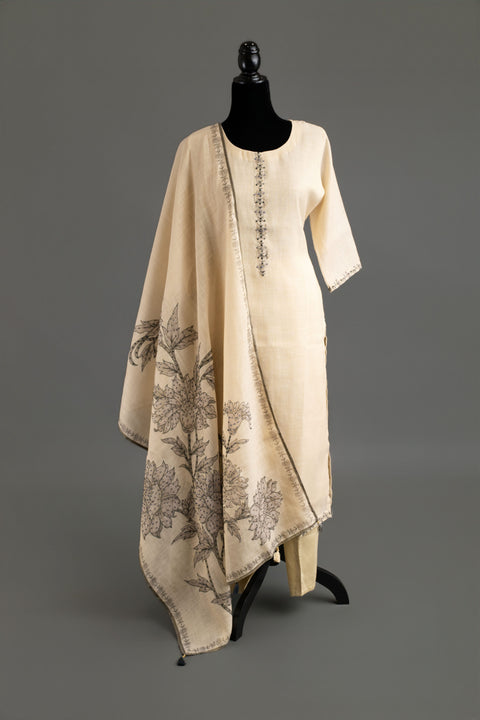 Cream and Black Lenin Cotton Kurta Set