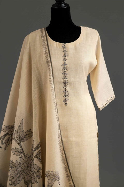 Cream and Black Lenin Cotton Kurta Set