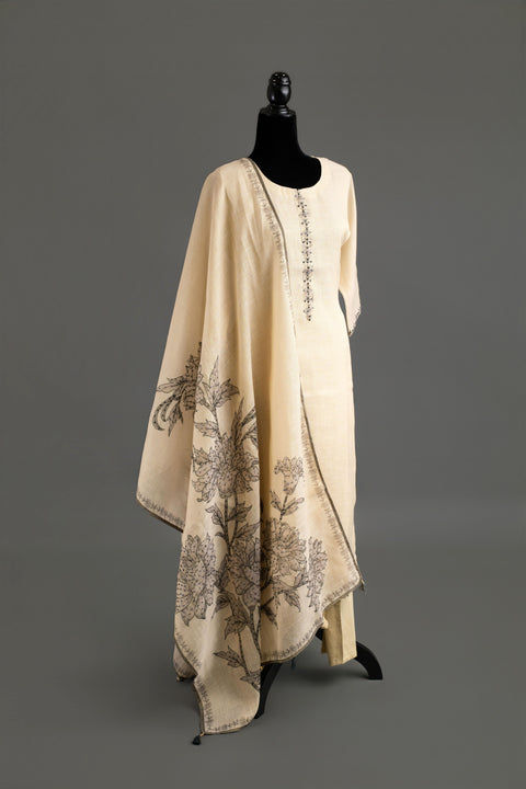 Cream and Black Lenin Cotton Kurta Set