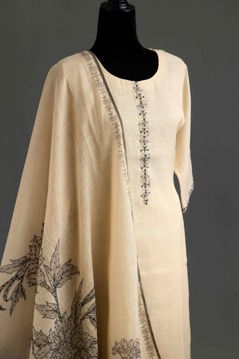 Cream and Black Lenin Cotton Kurta Set
