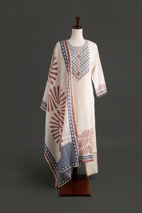 Beige and Red Lenin Cotton Kurta Set
