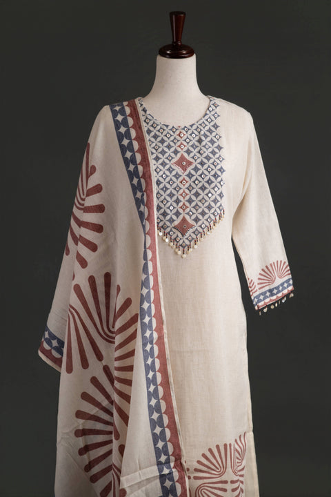 Beige and Red Lenin Cotton Kurta Set