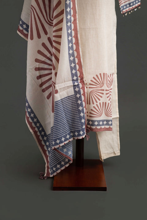 Beige and Red Lenin Cotton Kurta Set