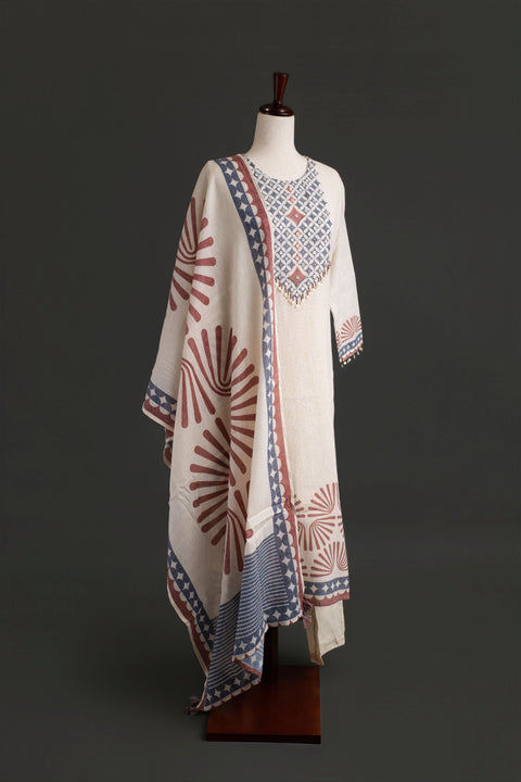 Beige and Red Lenin Cotton Kurta Set