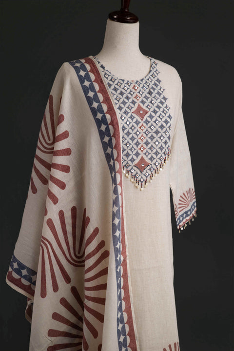 Beige and Red Lenin Cotton Kurta Set