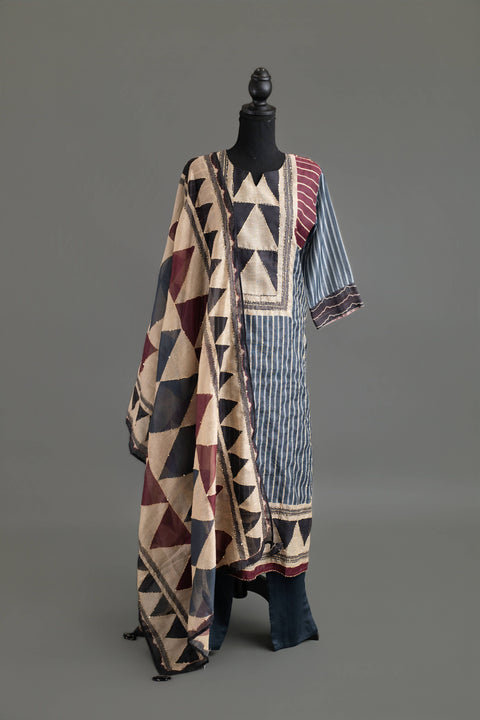 Black and Wine Lenin Cotton Kurta, Pants and Dupatta Set