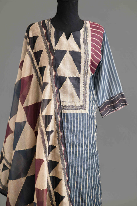 Black and Wine Lenin Cotton Kurta, Pants and Dupatta Set
