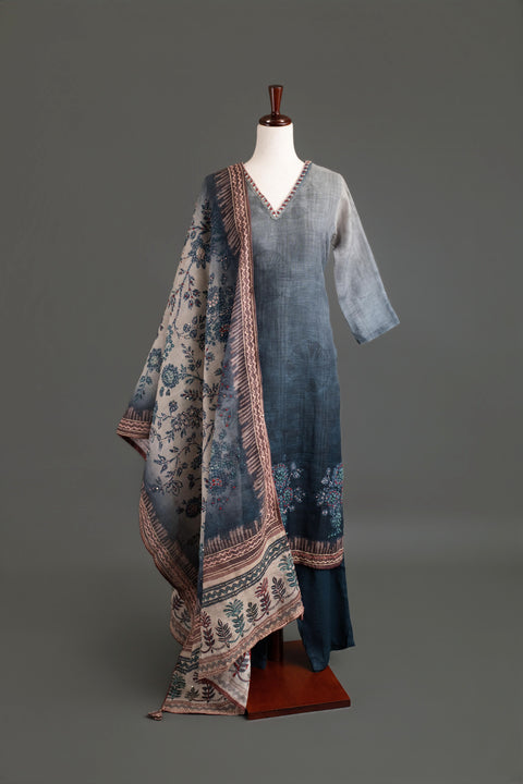Grey and Red Lenin Cotton Kurta, Pants and Dupatta Set