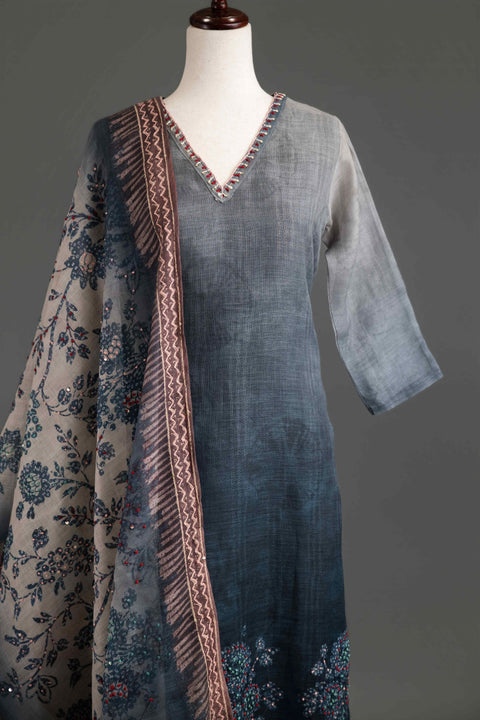 Grey and Red Lenin Cotton Kurta, Pants and Dupatta Set