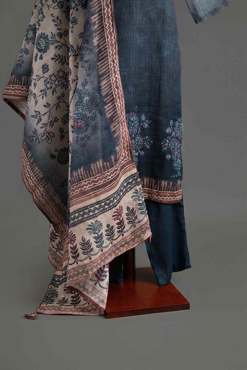 Grey and Red Lenin Cotton Kurta, Pants and Dupatta Set