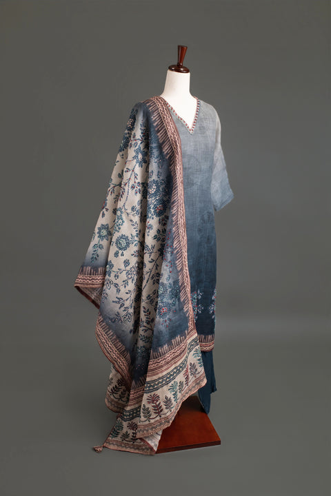 Grey and Red Lenin Cotton Kurta, Pants and Dupatta Set