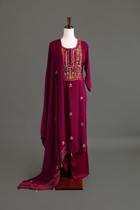Magenta French Embroidery Kurta Set
