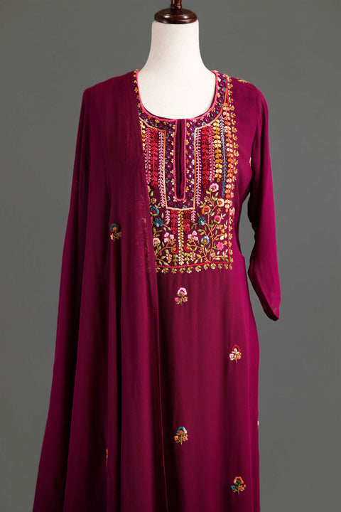 Magenta French Embroidery Kurta Set