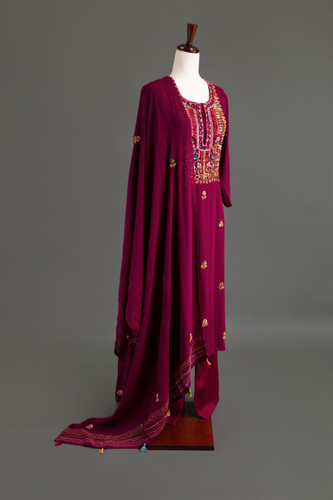 Magenta French Embroidery Kurta Set