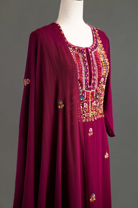 Magenta French Embroidery Kurta Set