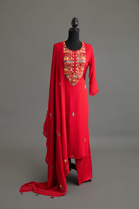 Red French Embroidery Kurta Set