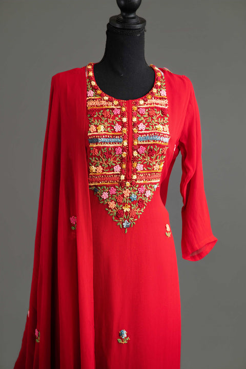 Red French Embroidery Kurta Set