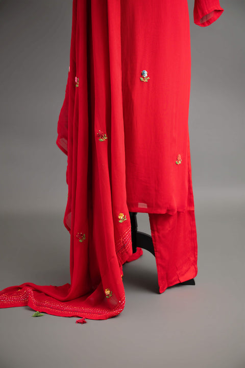 Red French Embroidery Kurta Set