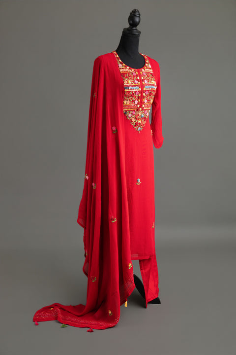Red French Embroidery Kurta Set