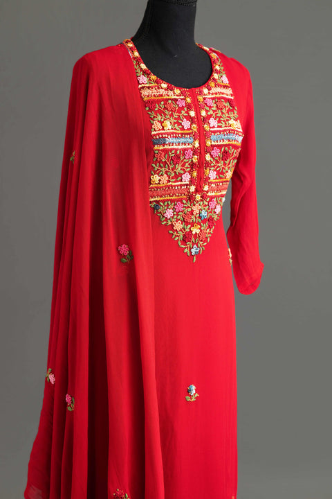 Red French Embroidery Kurta Set