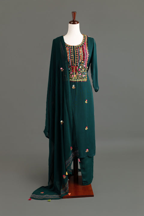 Bottle Green French Embroidery Kurta Set