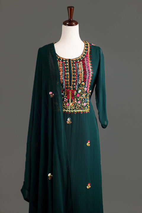 Bottle Green French Embroidery Kurta Set