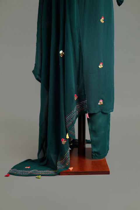 Bottle Green French Embroidery Kurta Set