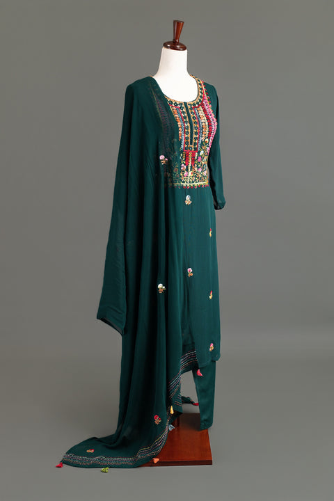 Bottle Green French Embroidery Kurta Set