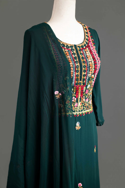 Bottle Green French Embroidery Kurta Set