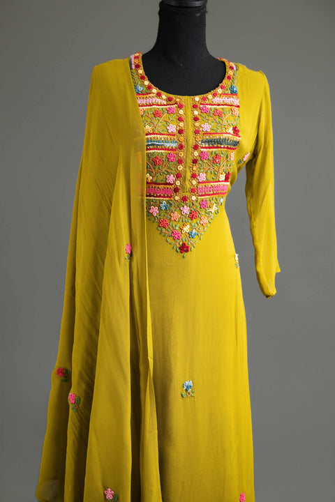 Sage Green French Embroidery Kurta Set