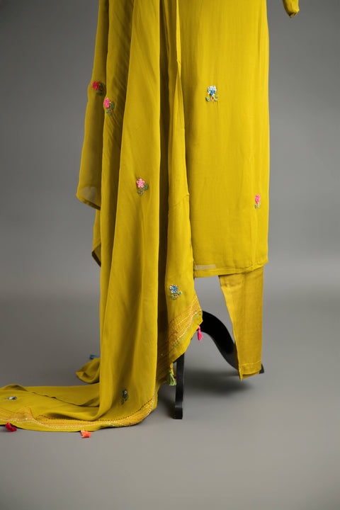 Sage Green French Embroidery Kurta Set