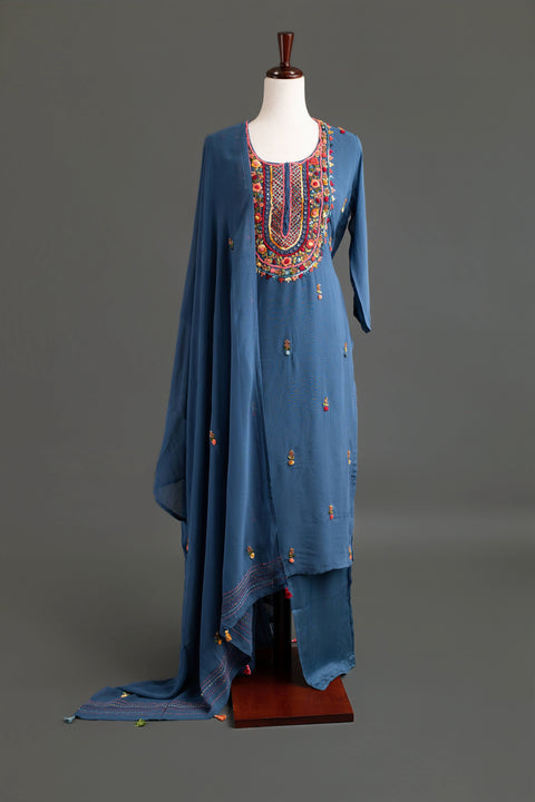Blue French Embroidery Kurta Set