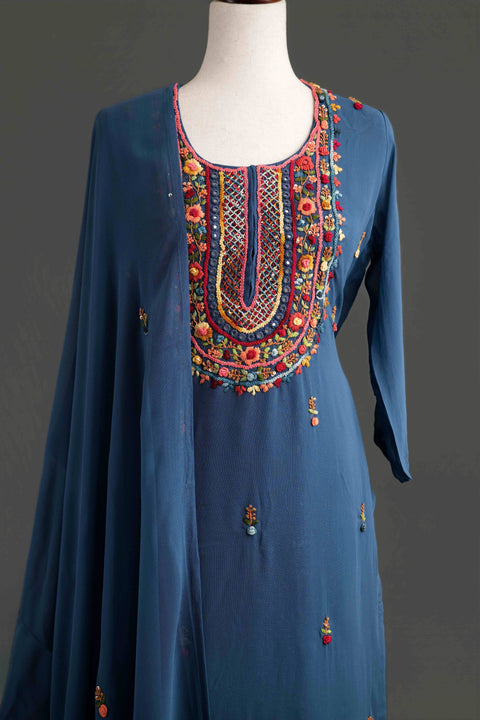 Blue French Embroidery Kurta Set