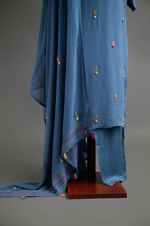 Blue French Embroidery Kurta Set