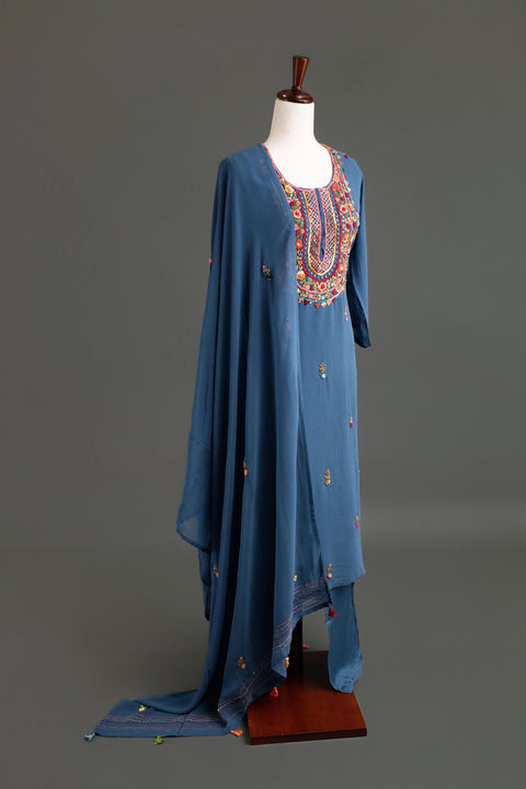 Blue French Embroidery Kurta Set