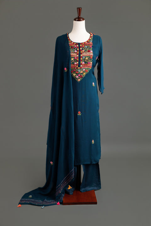 Navy Blue French Embroidery Kurta Set