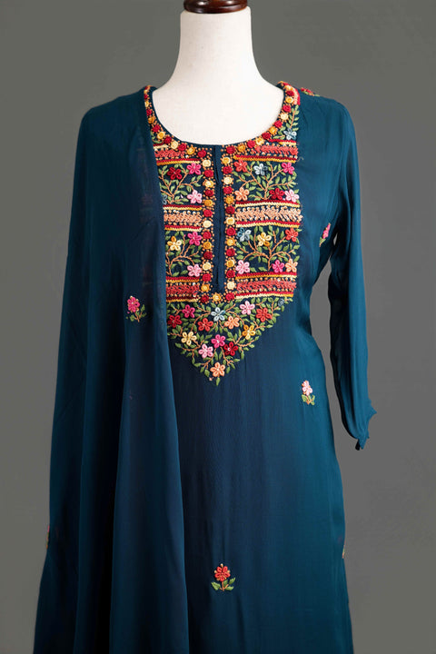 Navy Blue French Embroidery Kurta Set