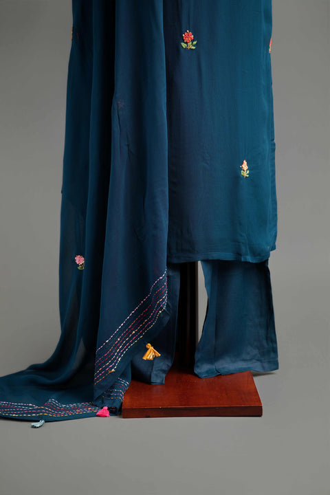 Navy Blue French Embroidery Kurta Set