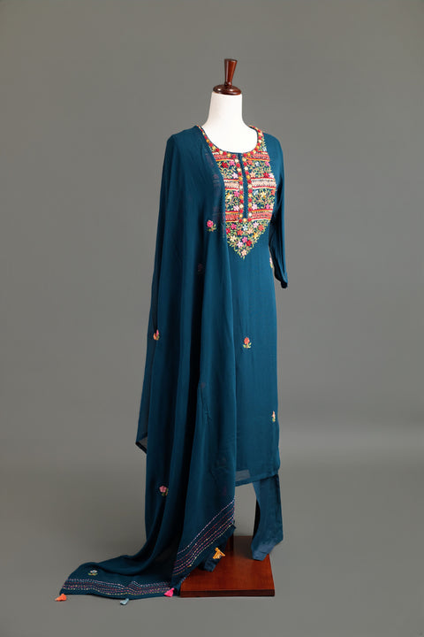Navy Blue French Embroidery Kurta Set