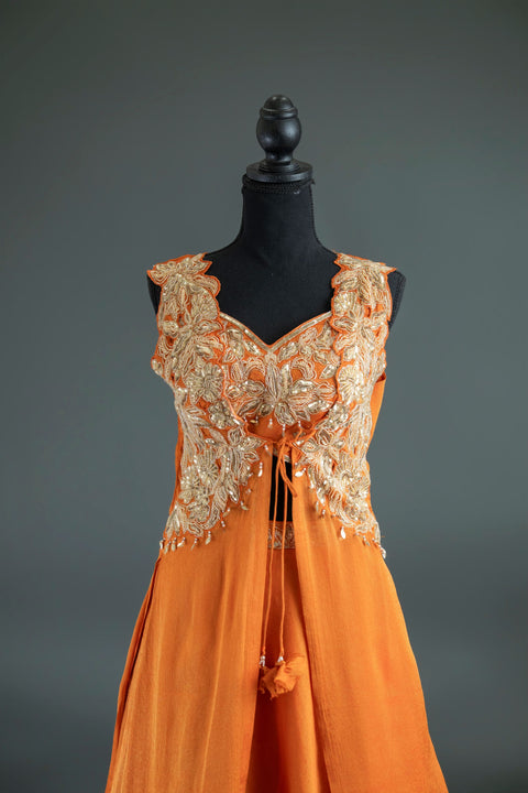 Orange Lehenga with Long Shrug