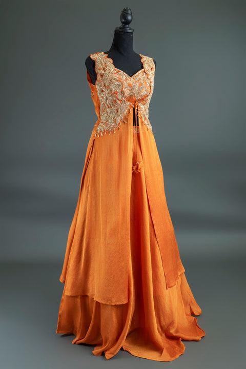 Orange Lehenga with Long Shrug