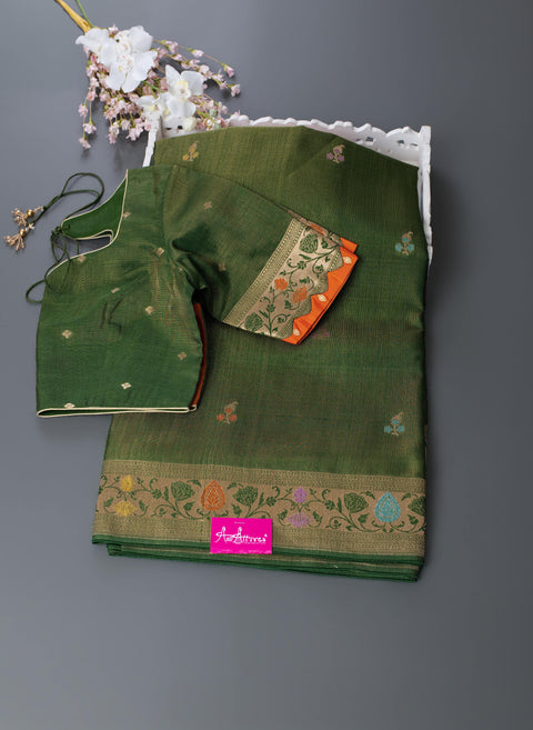 Bottle Green Linen Tissue Saree