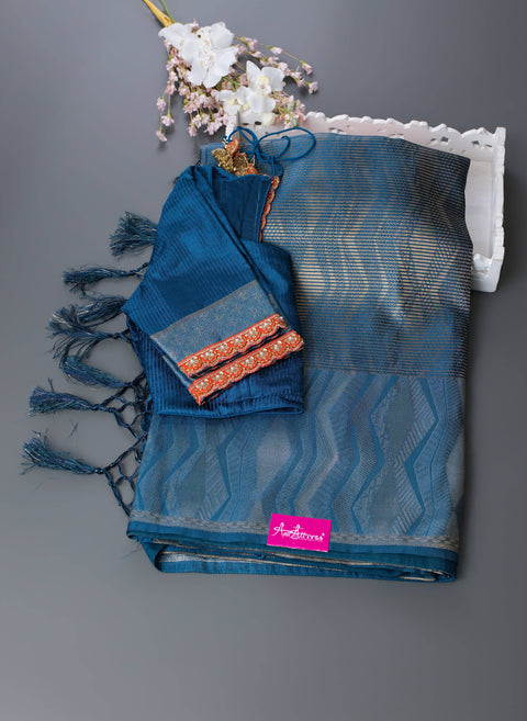 Peacock Blue Semi Silk Saree