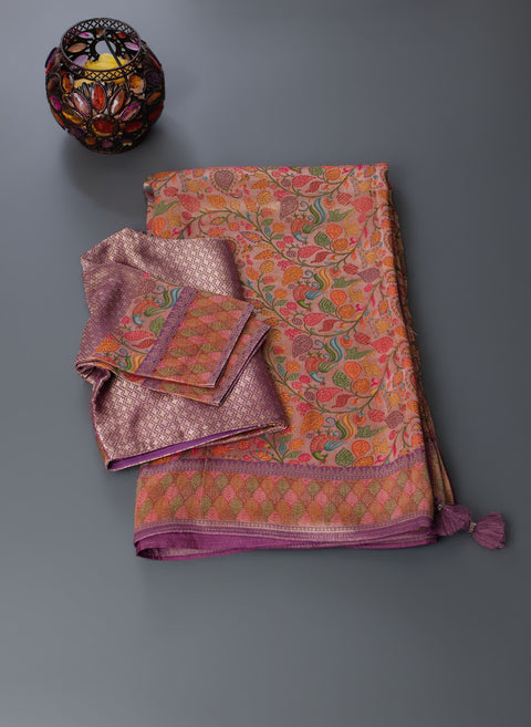 Purple Tissue Georgette Floral Saree with Zari Border
