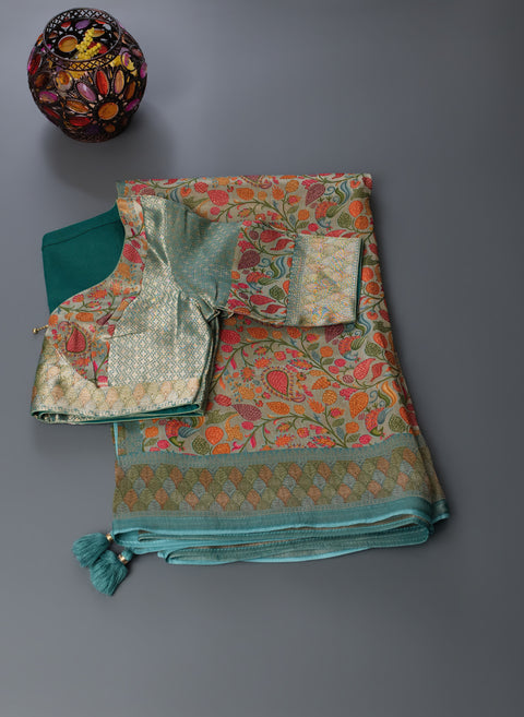 Pastel Sage Green Tissue Georgette Floral Saree with Zari Border