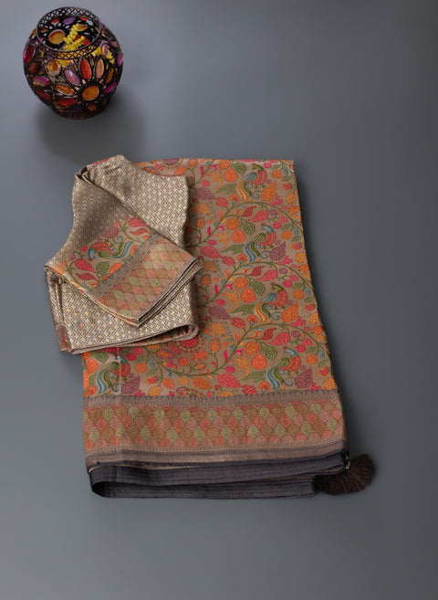 Beige Tissue Georgette Floral Saree with Zari Border