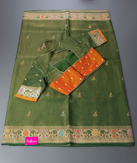 Bottle Green Linen Tissue Saree
